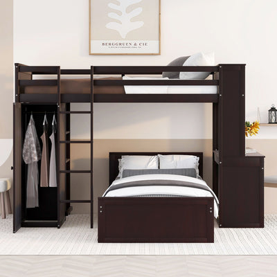 Loft Bed With A Stand Alone Bed, Shelves, Desk, And Wardrobe