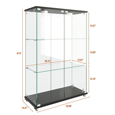 Modern Display Cabinet With LED Lights, Transparent Tempered Glass 2 Door Storage Case With 3 Shelves