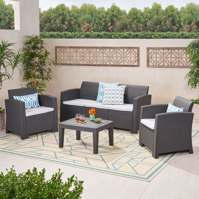 Velvora - Outdoor Wicker Set With 3 Seater Sofa, 2 Club Chairs, Coffee Table And Cushions - Brown