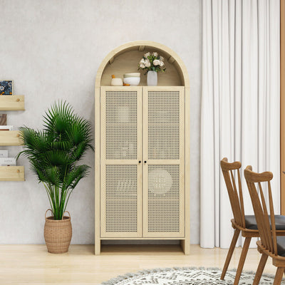 Tall Arched Kitchen Pantry, Arched Storage Display Cabinet With 2 Drawers & Adjustable Shelves, Rattan Door Versatile Storage Cabinet For Kitchen, Dining Room - Natural