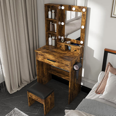 Vanity Table With Mirror, Adjustable LED Lights, Power Outlet, Hairdryer Holder & Stool