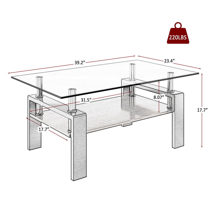 Modern Rectangular Coffee Table With Tempered Transparent Glass Top And Storage Shelf