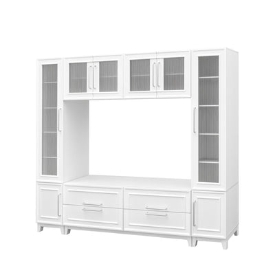 Wall Unit Entertainment Center With Glass Doors For TVs Up To 75" With Drawers For Living Room - White