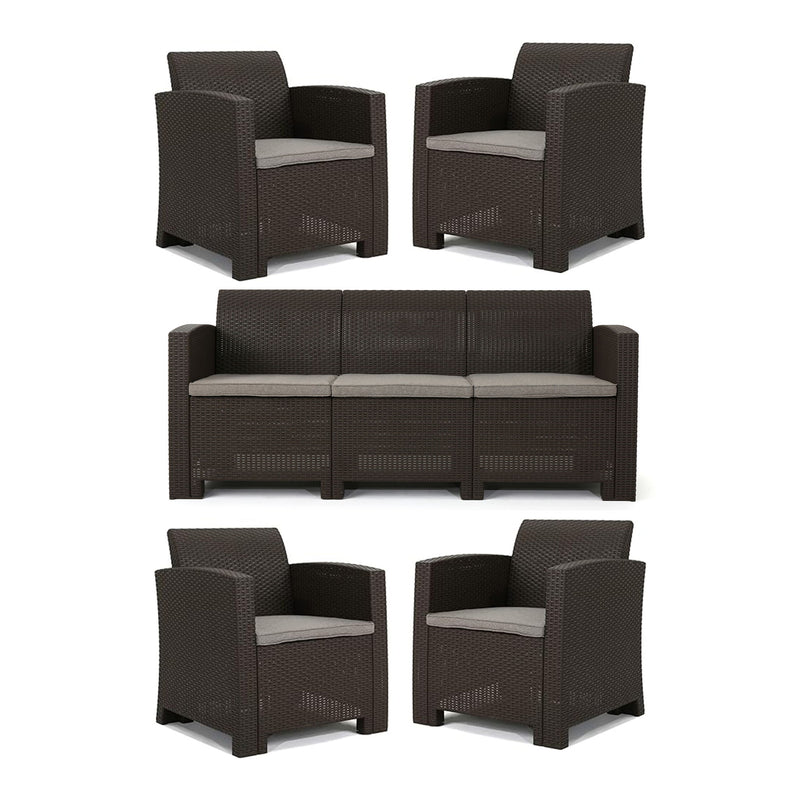 Outdoor Faux Wicker Rattan Style Chat Set With Water Resistant Cushions, 5 Pieces Set - Brown / Mix Beige