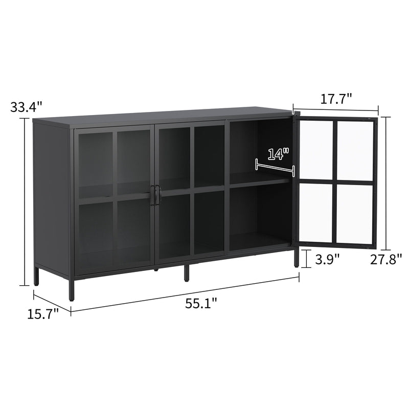 Modern Heavy Duty Metal Sideboard Buffet Cabinet With Storage, Adjustable Feet, Glass Doors, Steel - Black