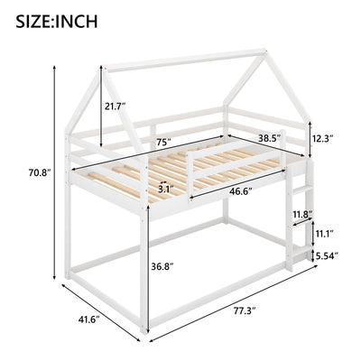 Twin Over Twin Low Bunk Bed, House Bed With Ladder - White