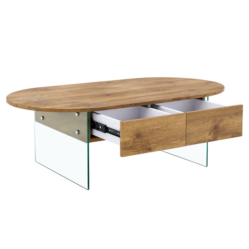 Elegant Coffee Table With Double Drawers And Transparent Glass Sides - Wood