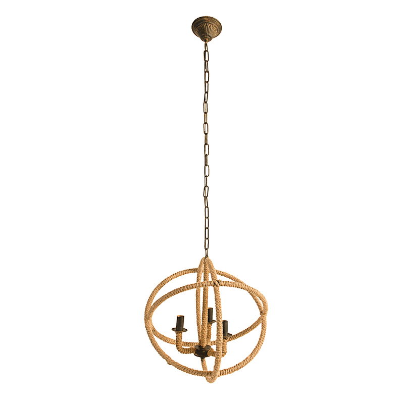 3 Light Farmhouse Chandelier, Rope Chandelier Globe Hanging Light Fixture With With Adjustable Chain For Kitchen, Bulb Not Included - Beige Brown