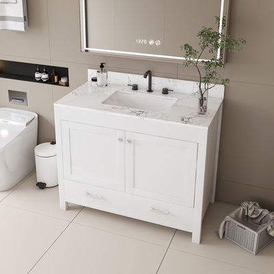43" Bathroom Vanity With Artificial Marble Carrara Top Set, Multi Functional Bathroom Cabinet With Doors And Drawer - White
