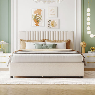 Upholstered Platform Bed With Drawers, Classic Headboard Design