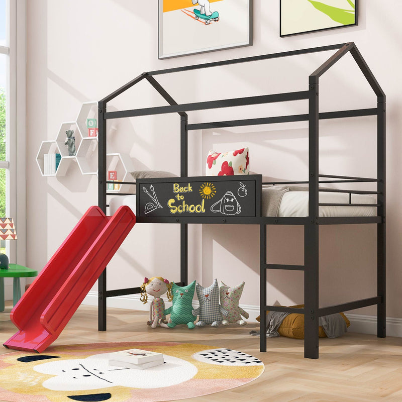 Twin Metal Loft Bed With Slide And 2 Sided Writable Wooden Board - Black