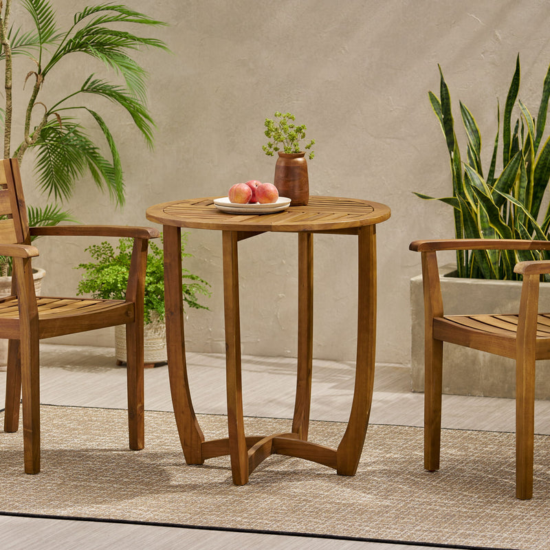 Outdoor Circular Wood Bistro Table With Curved Legs And Slat Panel Table Top - Teak