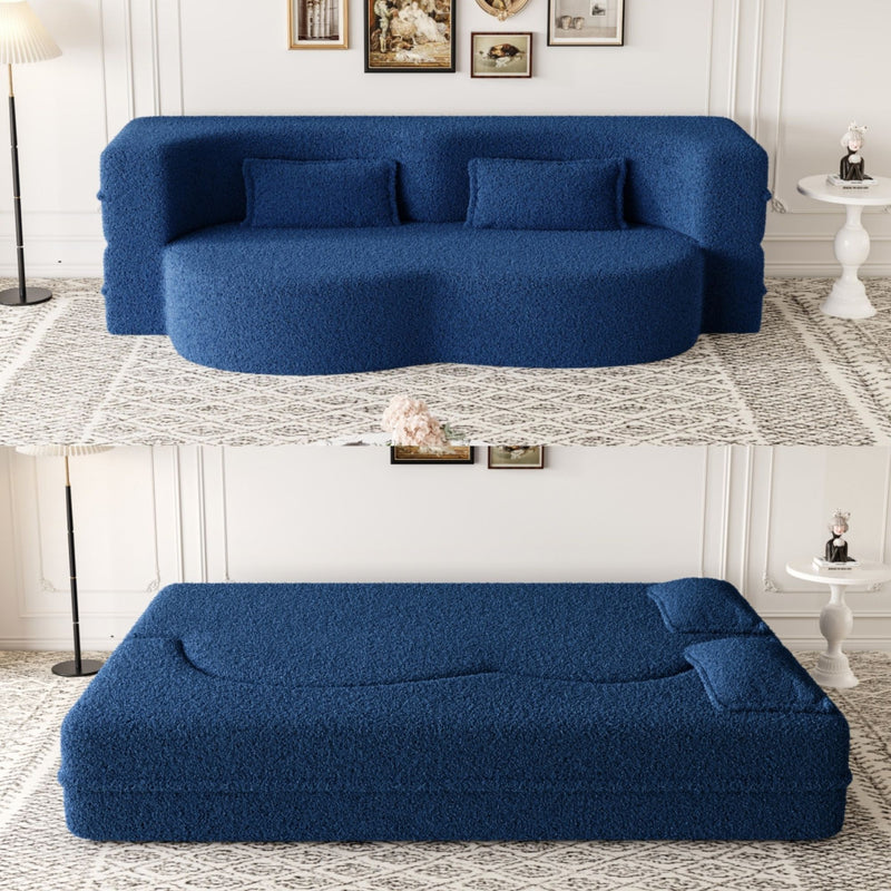 Modern Floor Sofa, With 2 Pillows, Convertible Teddy Fabric Foam Filled Bed