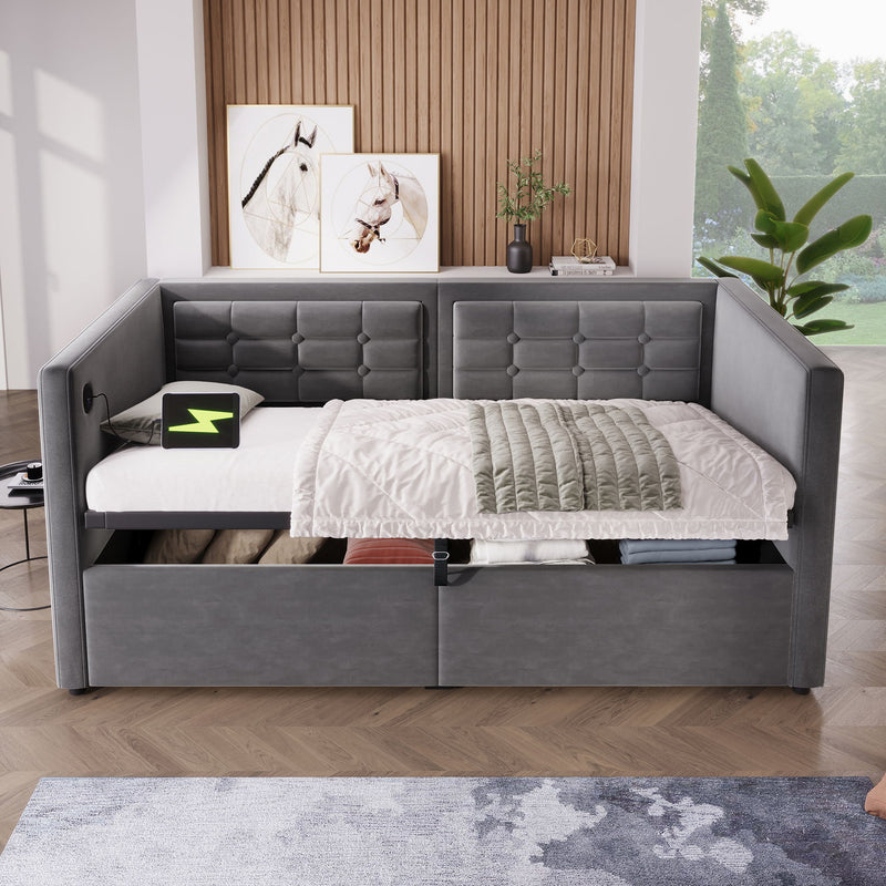 Upholstered Hydraulic Storage Daybed With USB & Type C Charging
