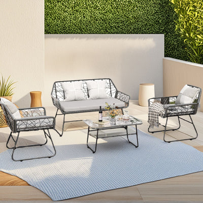 4 Piece Wicker Patio Furniture Set With Tempered Glass Table And Detachable Cushions