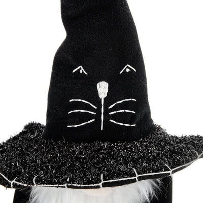 Sitting Gnome With Broomstick & Long Legs, For Halloween Decor - Black White