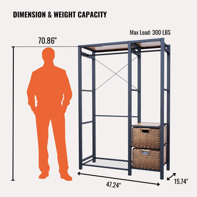 Garment Rack With Shelves, 2 Wicker Drawers, 4 Hooks, Organizer