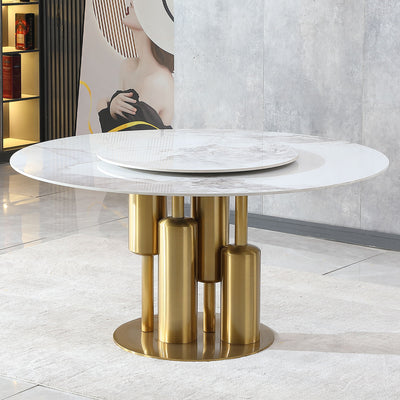 Round Sintered Stone Table, Modern Marble Dining Table (Table Only) - Gold / White