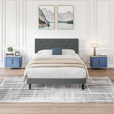 Modern Upholstered Platform Bed Frame With Button Tufted Linen Fabric Headboard
