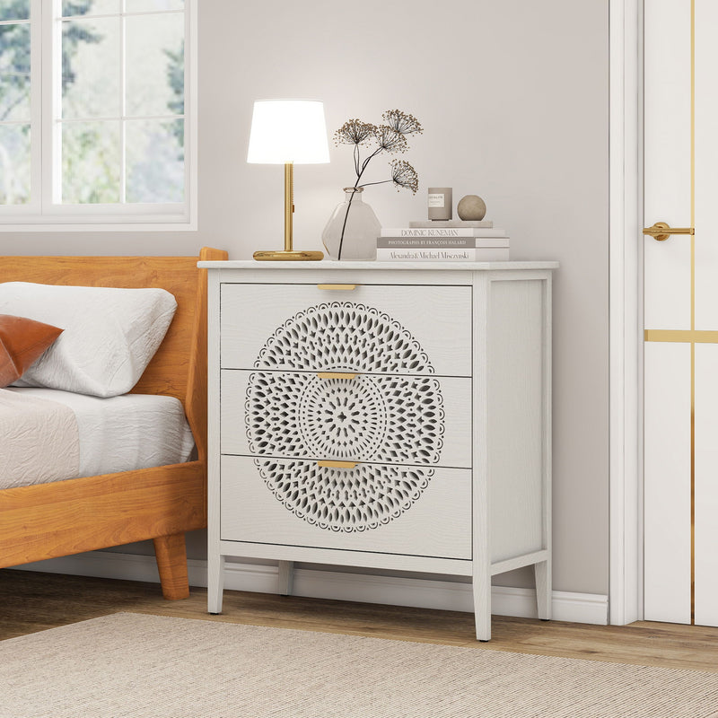 3 Drawer Cabinet With Hollow Carved 3 Drawer Dresser Storage Chest With Metal Handles For Entryway Living Room Bedroom - Beige