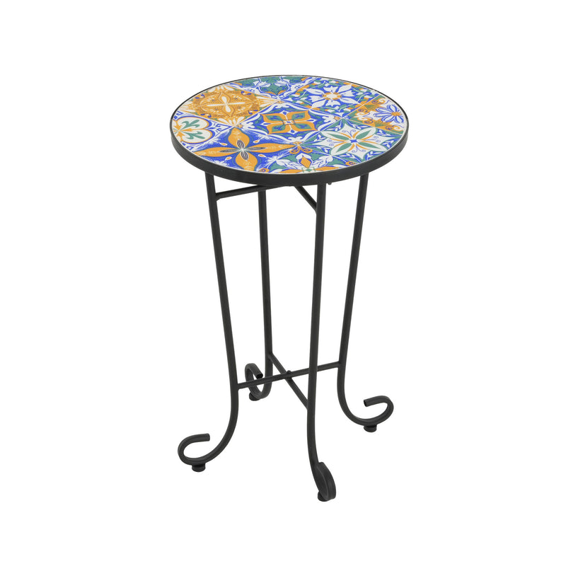 French Country Patio Side Table With Vibrant Tile Top