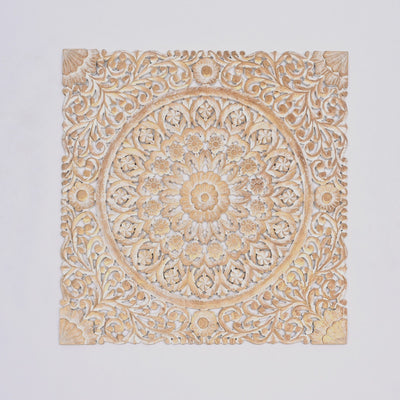 Floral Hand Carved Mandala Square Wall Decor With Spiritual Symbolism - Gold / White
