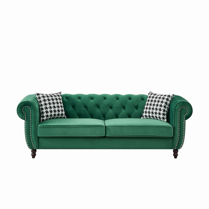 Mid Century Chesterfield Velvet Fabric Sofa With Roll Armrest & Nailhead, Green, 87 Inches