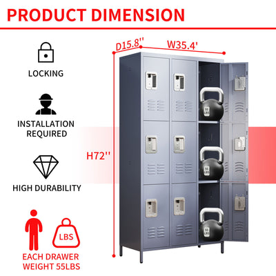 9 Door Lockers With Lock For Storage In Office, School, Gym, And Bedroom - Gray