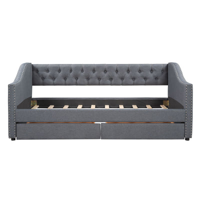 Twin Size Upholstered Daybed With Two Drawers, Slat Support - Gray