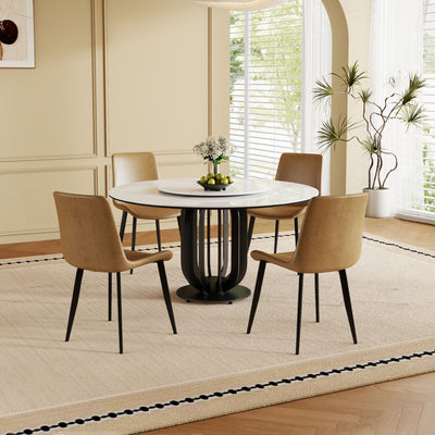 Round Dining Table With Carbon Steel Base And Lazy Susan / For Kitchen And Dining Room, 4 Chairs - Black / White