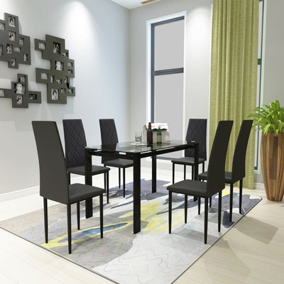 Modern 7 Piece Dining Table Set With Glass Top And Chairs - Black
