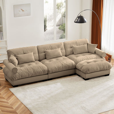 Modern Sectional Sofa With Ottoman, Round Bolster Armrests, Waist And Throw Pillows