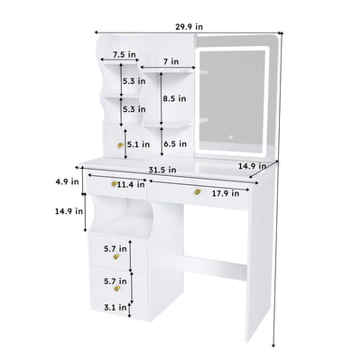 Dressing Table With Movable Mirror And LED Light, 5 Drawer Storage Organizer - White
