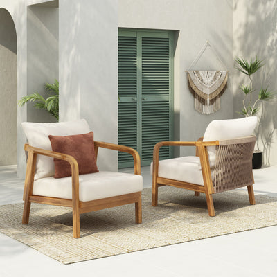 Outdoor Lounge Chair With Woven Backrest, Solid Wood Frame, Comfortable Cushions