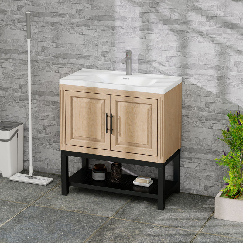Modern Freestanding Bathroom Vanity With Ceramic Sink, Hot And Cold Faucet, Storage Cabinet & Open Shelf