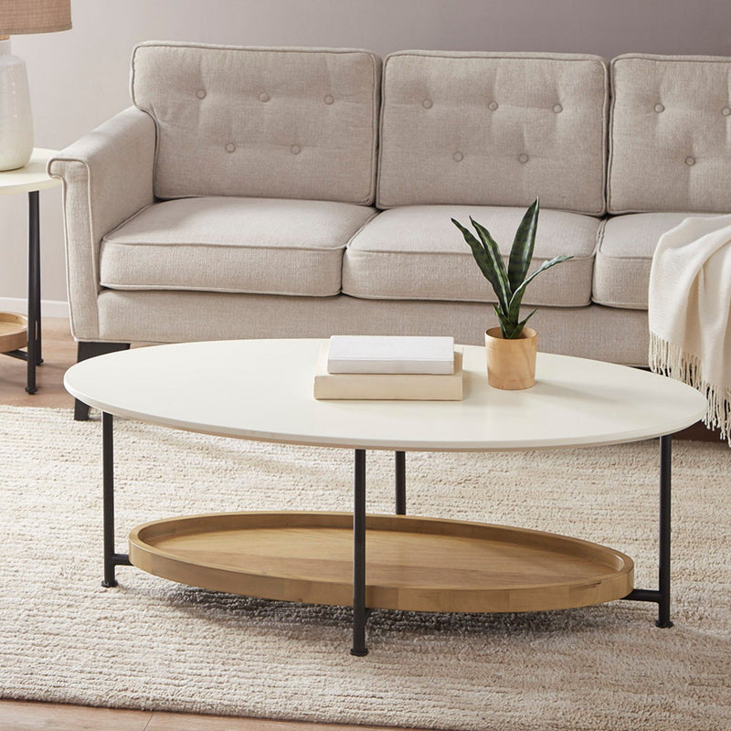 Oval Coffee Table With Metal Legs - White / Natural