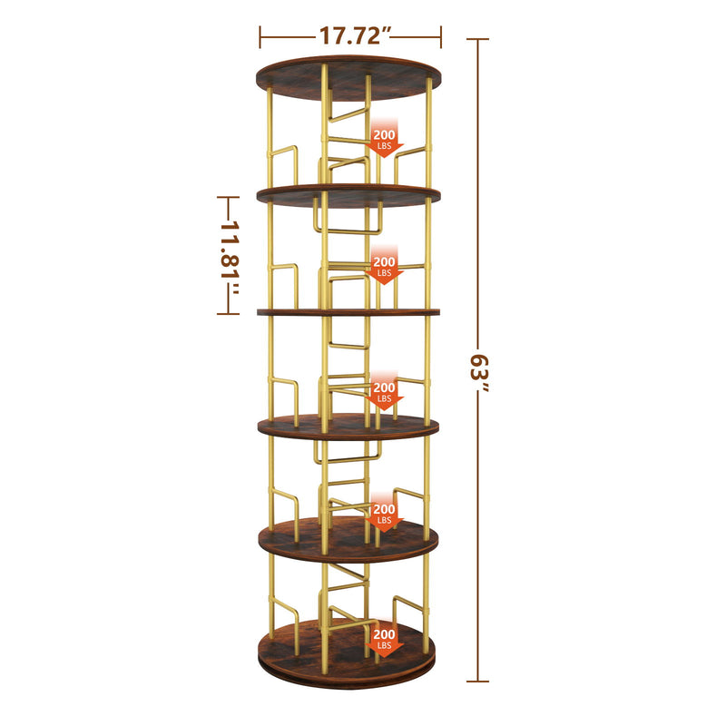 5 Tier 360 Rotating Bookshelf, Display Round Floor Standing Swivel Bookcase For Bedroom - Golden