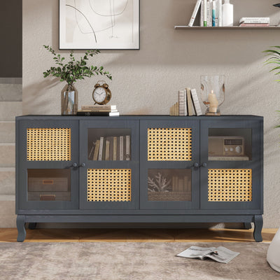 Retro Industrial 4 Door Sideboard With Large Storage, Rattan And Glass Doors