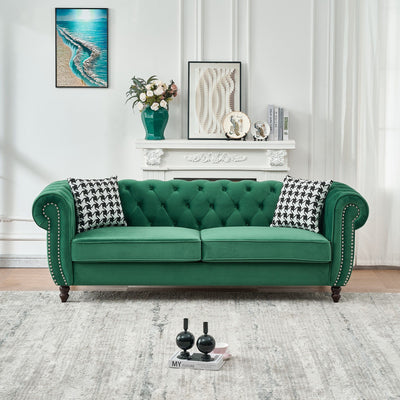 Mid Century Chesterfield Velvet Fabric Sofa With Roll Armrest & Nailhead, Green, 87 Inches