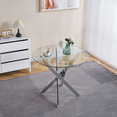 Dining Table With Cross Metal Leg And Tempered Glass, Modern Space Saving Kitchen Table For Living Room