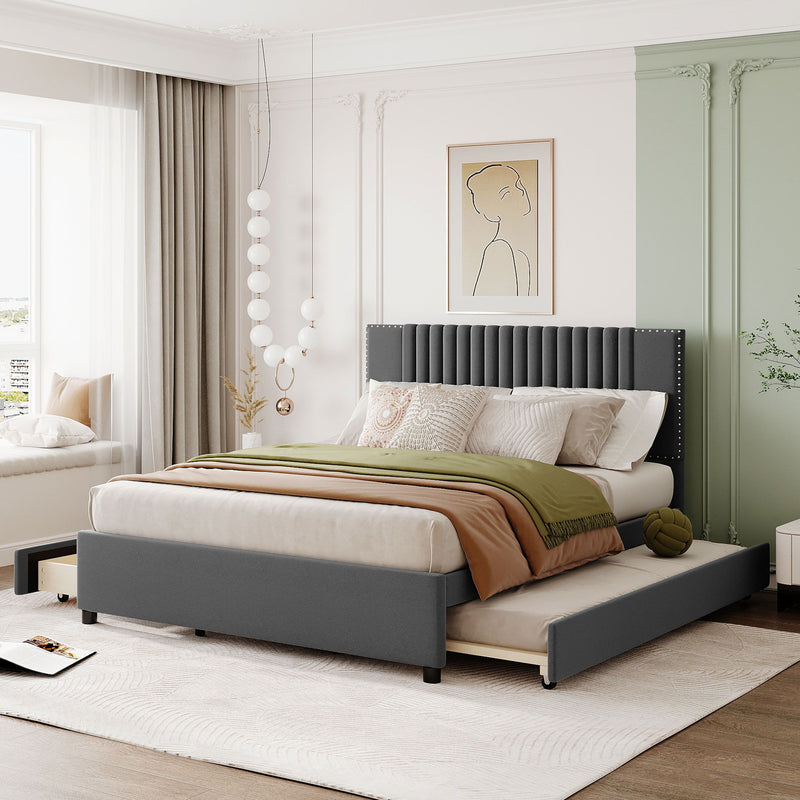 Upholstered Platform Bed With Drawers, Classic Headboard Design