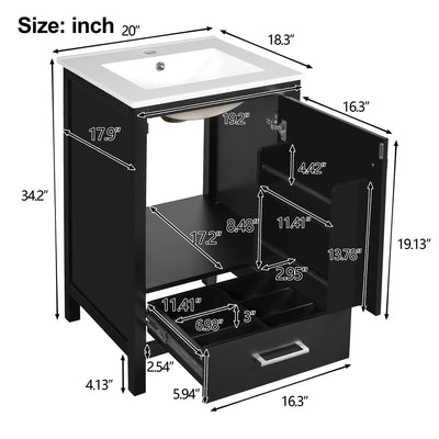 Bathroom Vanity With Ceramic Sink, Soft Close Drawers, Door Organizer, Divider Drawer, Adjustable Foot Pads
