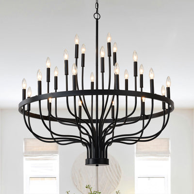 24 Light Chandelier Industrial Iron Candle Chandelier Modern Suspended Farmhouse Chandeliers Pendant Light Fixtures For Dining Room Bedroom Living Room Kitchen Island Foyer E12 Bulb (No Include) - Black