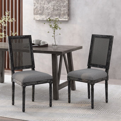 French Country Dining Chair With Rectangular Cane Backrest And Smooth Upholstered Seating