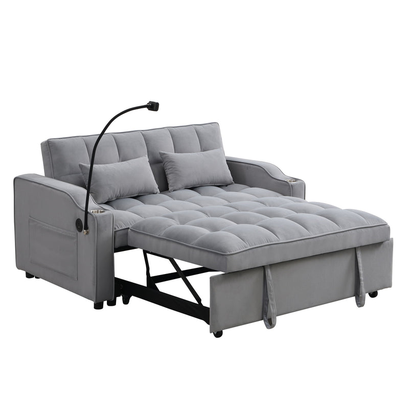 Modern Velvet Loveseat With Pullout Bed, Adjustable Reclining Backrest