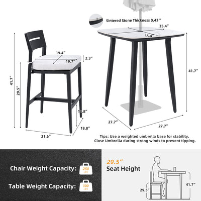 Modern Outdoor Patio Bar Set, Rounded Square Table & Bar Chairs, Non Rust Frame, Tapered Legs, Sunbrella Cushion