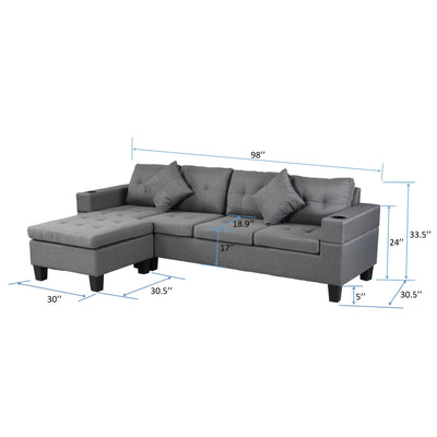 Modern Sectional Sofa Set With L Shape Chaise Lounge, Cup Holder, 4 Seat - Gray