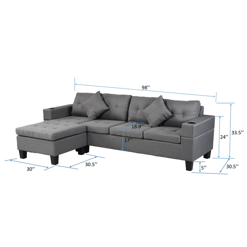 Modern Sectional Sofa Set With L Shape Chaise Lounge, Cup Holder, 4 Seat - Gray