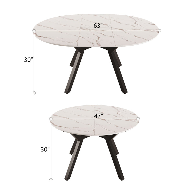 Modern Extendable White Circular Dining Table with MDF Top and Metal Legs for 4-6 Persons
