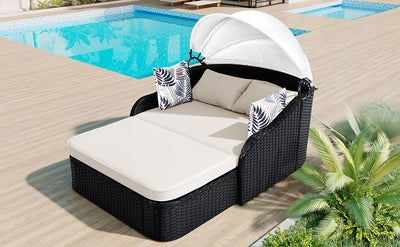 Outdoor Sunbed With Adjustable Canopy, Double Lounge, Daybed - Black / Beige